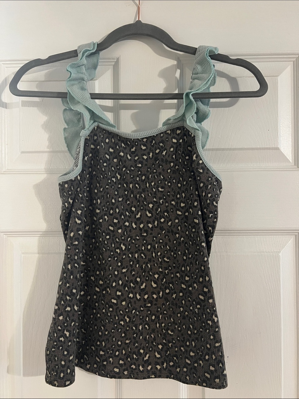twenty second Black Leopard Print Tank Top with Mint Ruffle Straps